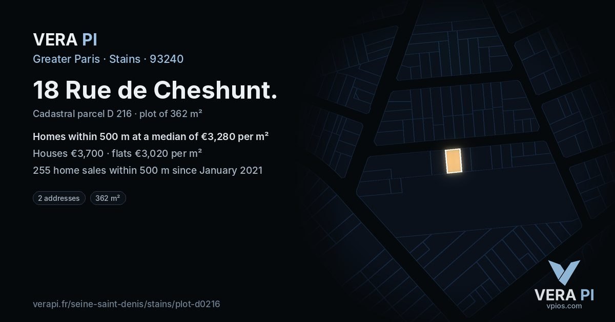 18 Rue de Cheshunt, Stains at night – the plot lit, the parcels around coloured by the prices near them