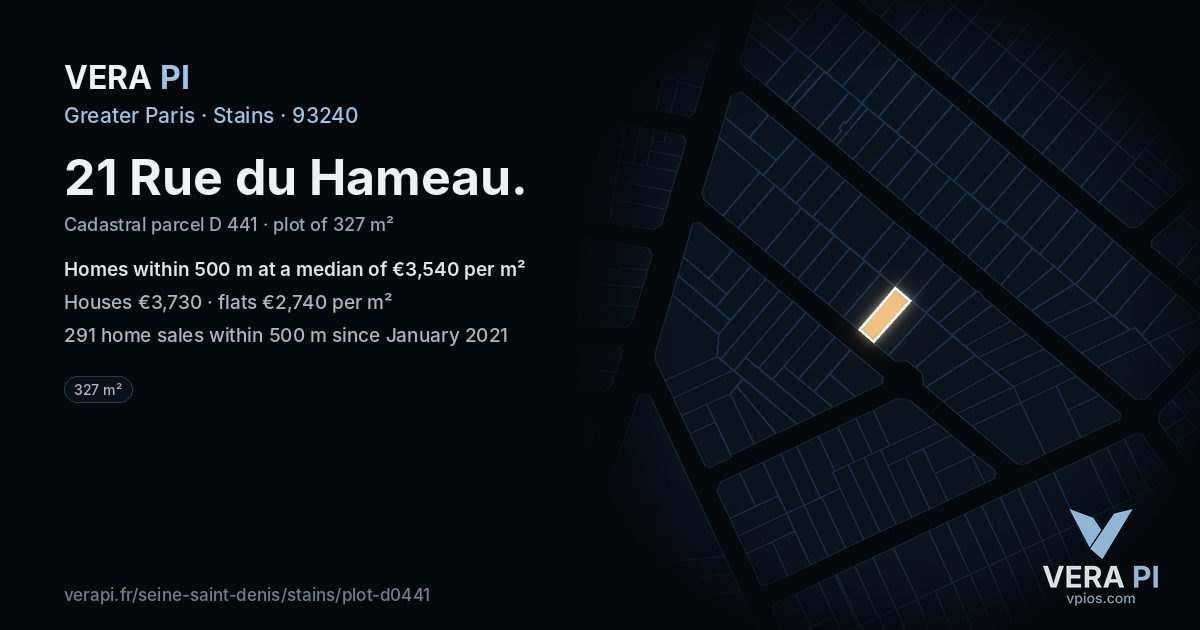 21 Rue du Hameau, Stains at night – the plot lit, the parcels around coloured by the prices near them