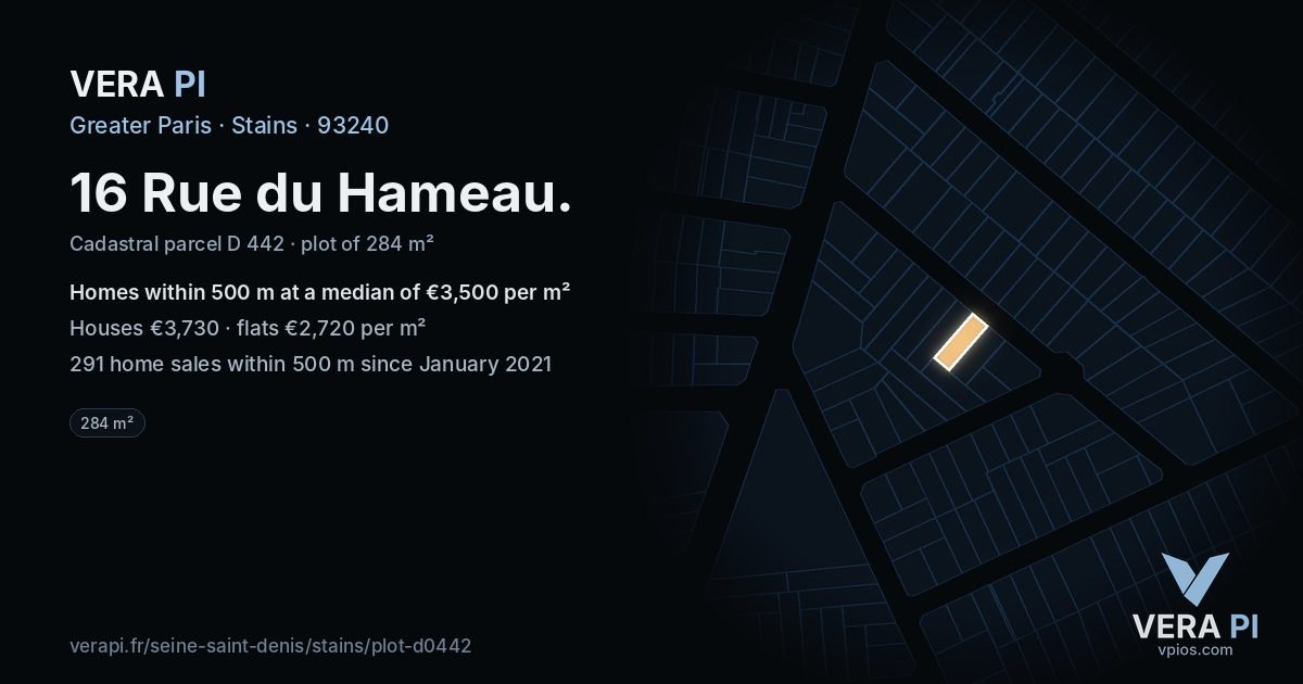 16 Rue du Hameau, Stains at night – the plot lit, the parcels around coloured by the prices near them