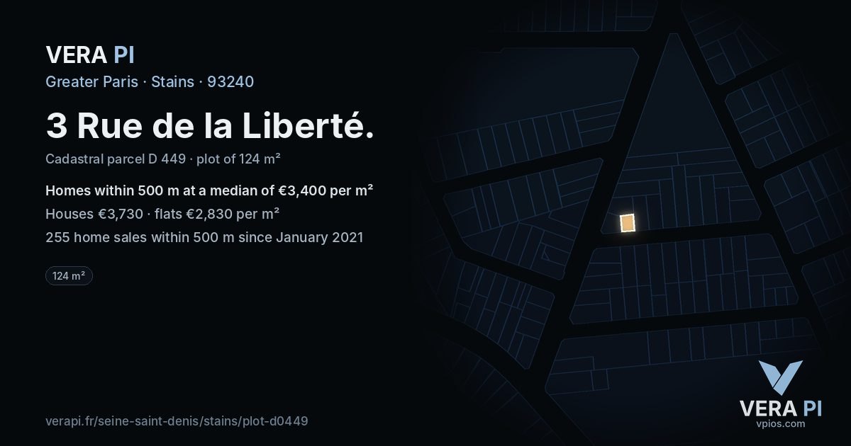 3 Rue de la Liberté, Stains at night – the plot lit, the parcels around coloured by the prices near them