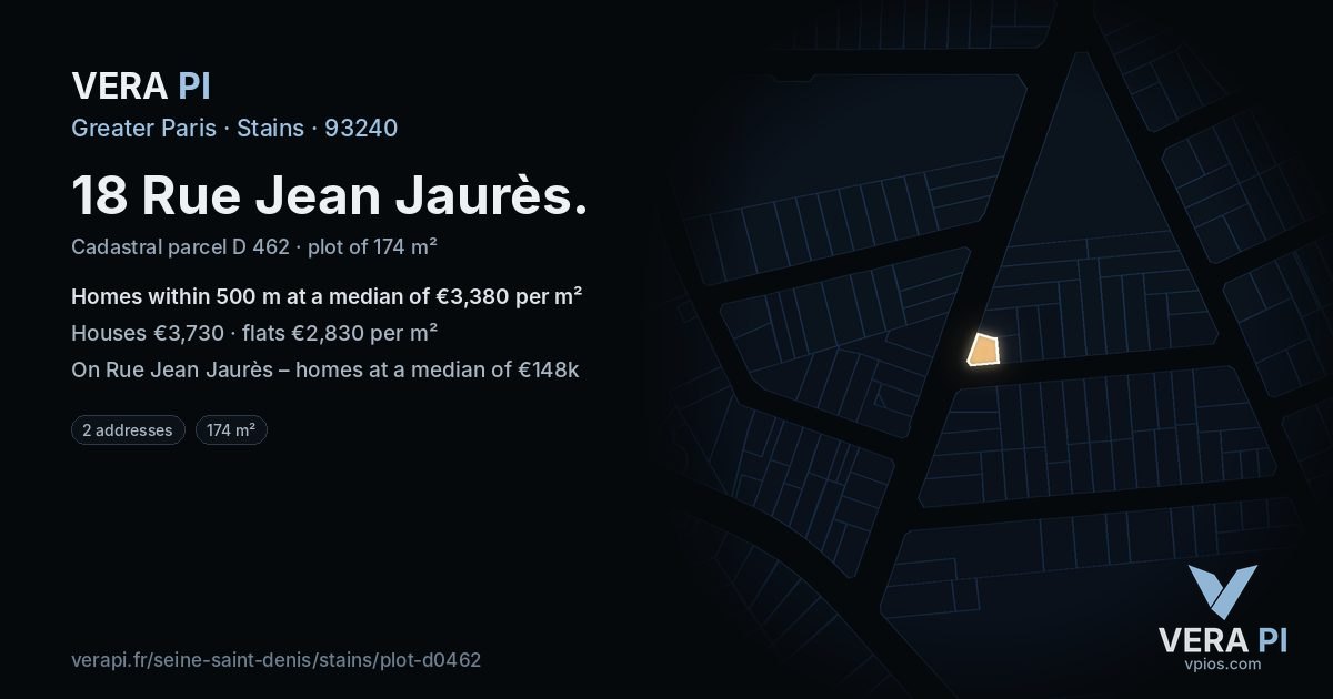 18 Rue Jean Jaurès, Stains at night – the plot lit, the parcels around coloured by the prices near them