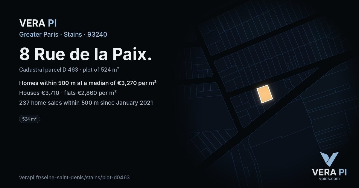 8 Rue de la Paix, Stains at night – the plot lit, the parcels around coloured by the prices near them