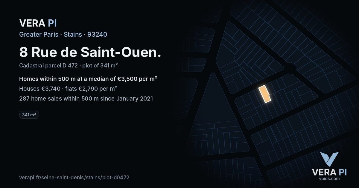 8 Rue de Saint-Ouen, Stains at night – the plot lit, the parcels around coloured by the prices near them