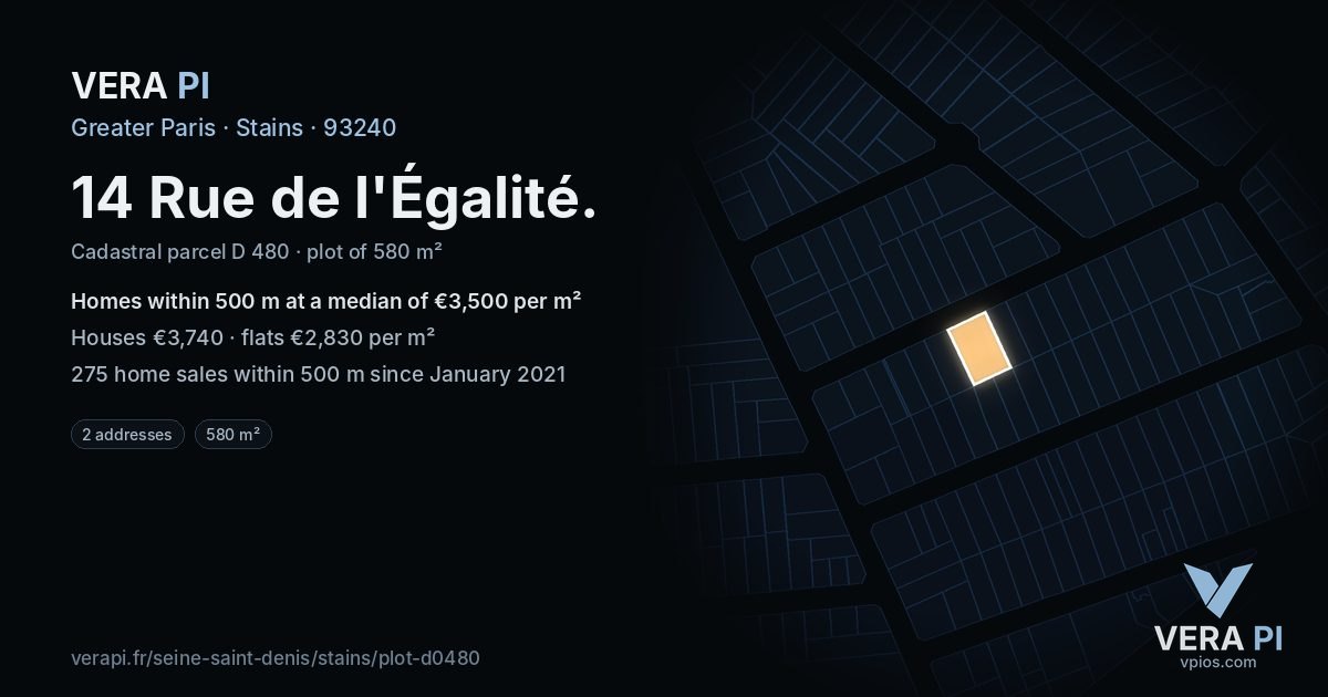 14 Rue de l'Égalité, Stains at night – the plot lit, the parcels around coloured by the prices near them