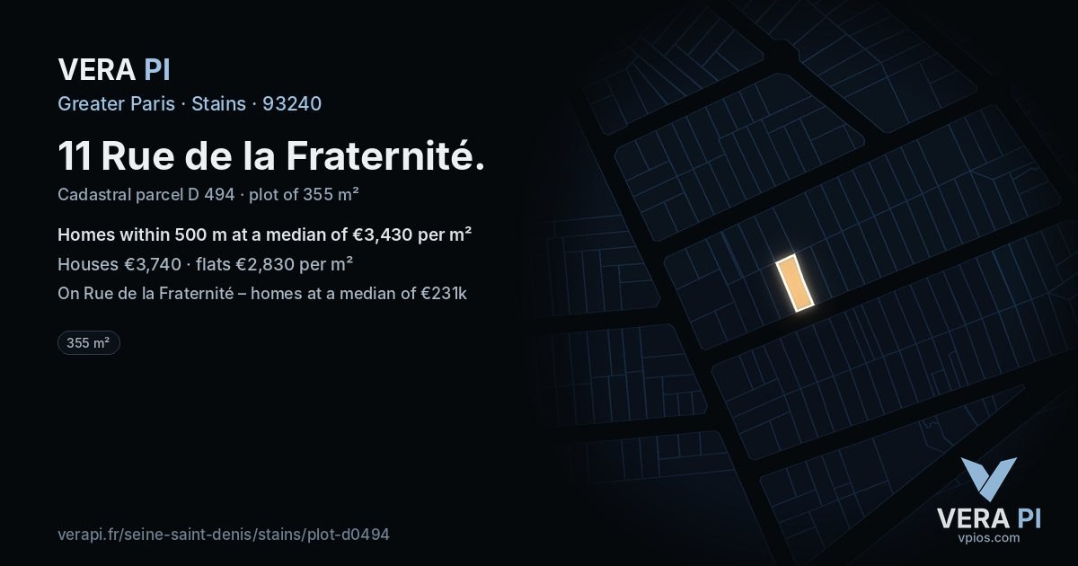 11 Rue de la Fraternité, Stains at night – the plot lit, the parcels around coloured by the prices near them