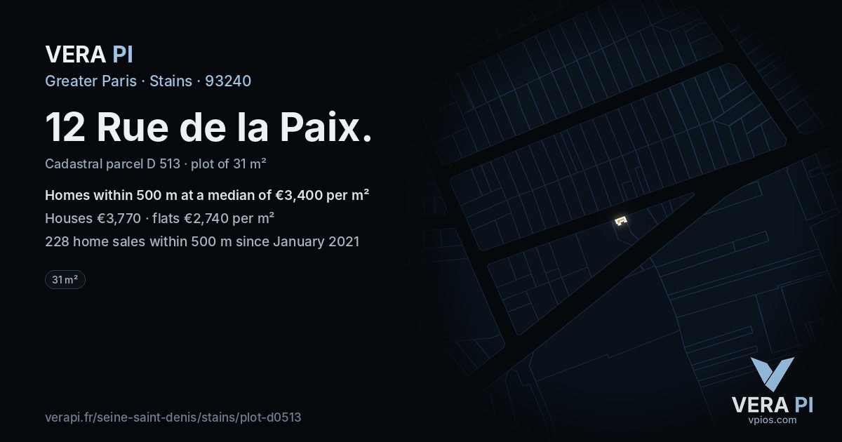 12 Rue de la Paix, Stains at night – the plot lit, the parcels around coloured by the prices near them