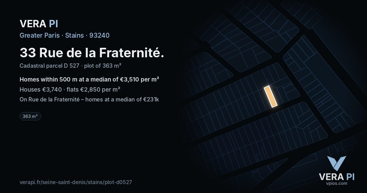 33 Rue de la Fraternité, Stains at night – the plot lit, the parcels around coloured by the prices near them