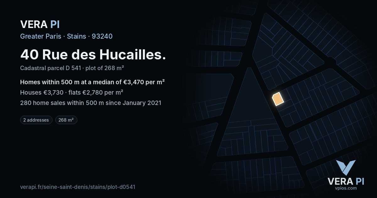 40 Rue des Hucailles, Stains at night – the plot lit, the parcels around coloured by the prices near them