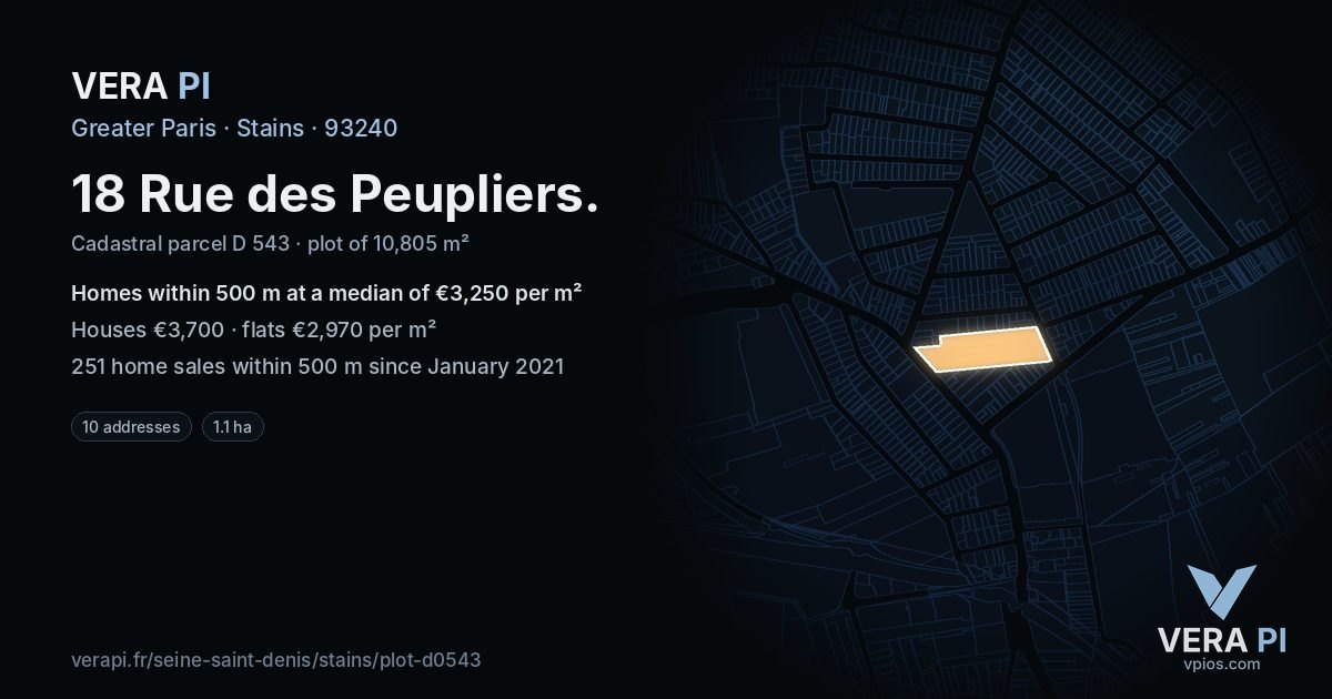 18 Rue des Peupliers, Stains at night – the plot lit, the parcels around coloured by the prices near them