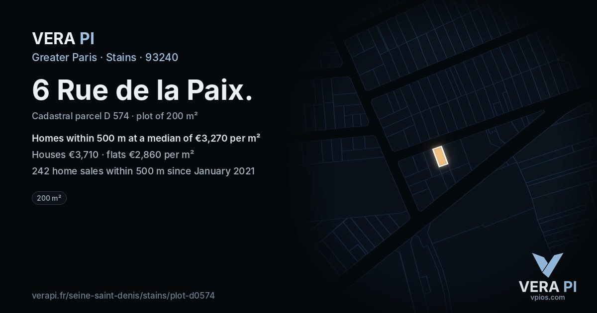 6 Rue de la Paix, Stains at night – the plot lit, the parcels around coloured by the prices near them