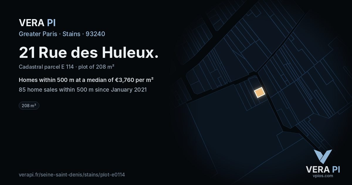 21 Rue des Huleux, Stains at night – the plot lit, the parcels around coloured by the prices near them