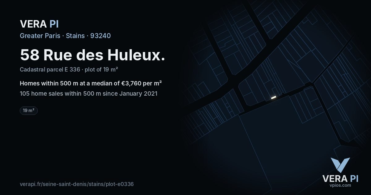 58 Rue des Huleux, Stains at night – the plot lit, the parcels around coloured by the prices near them
