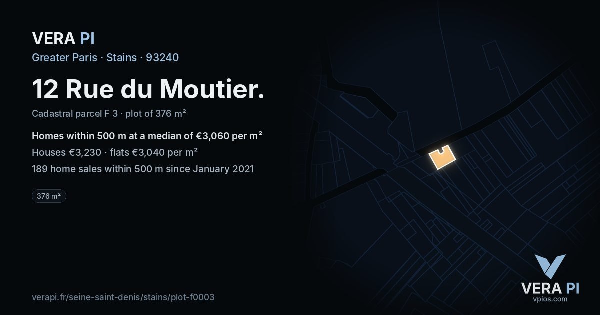 12 Rue du Moutier, Stains at night – the plot lit, the parcels around coloured by the prices near them