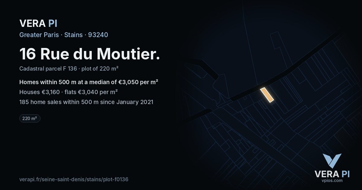 16 Rue du Moutier, Stains at night – the plot lit, the parcels around coloured by the prices near them