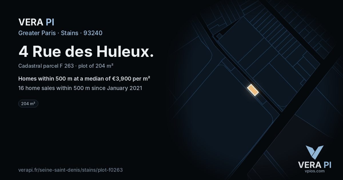 4 Rue des Huleux, Stains at night – the plot lit, the parcels around coloured by the prices near them