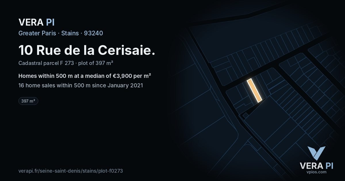 10 Rue de la Cerisaie, Stains at night – the plot lit, the parcels around coloured by the prices near them