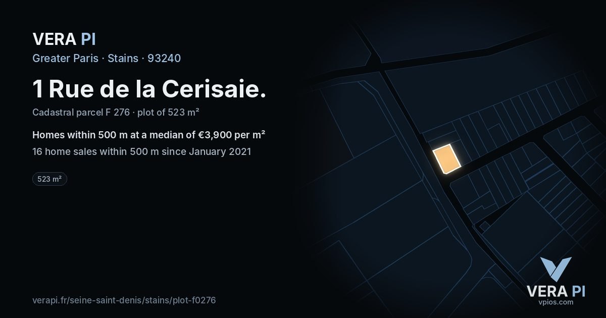 1 Rue de la Cerisaie, Stains at night – the plot lit, the parcels around coloured by the prices near them