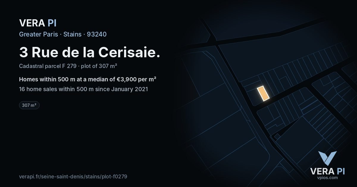 3 Rue de la Cerisaie, Stains at night – the plot lit, the parcels around coloured by the prices near them