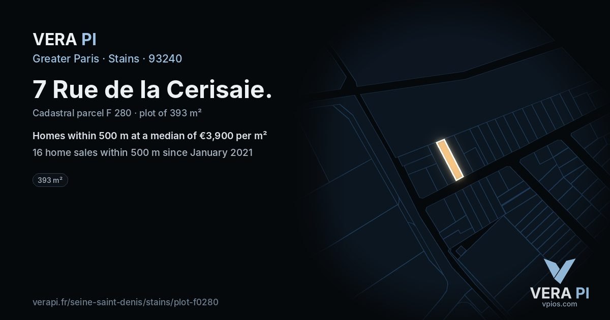 7 Rue de la Cerisaie, Stains at night – the plot lit, the parcels around coloured by the prices near them