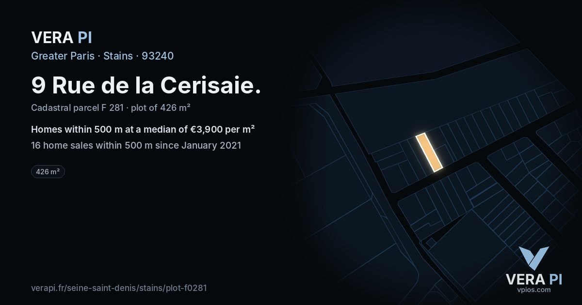 9 Rue de la Cerisaie, Stains at night – the plot lit, the parcels around coloured by the prices near them