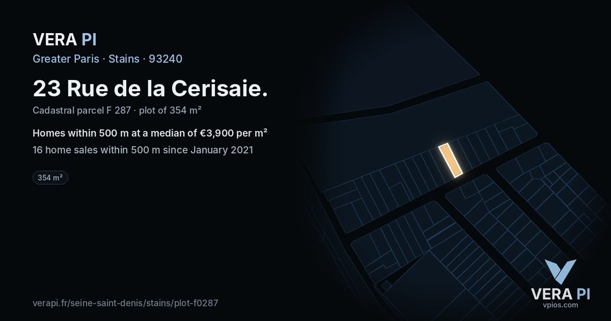23 Rue de la Cerisaie, Stains at night – the plot lit, the parcels around coloured by the prices near them