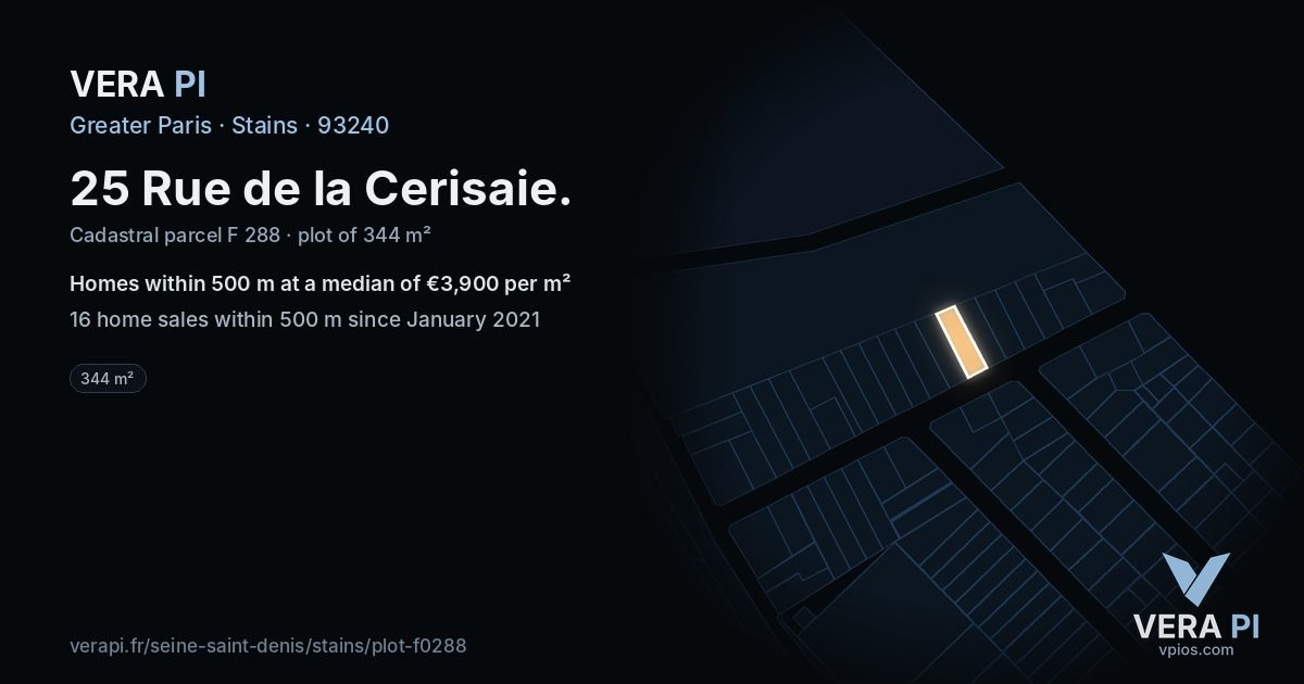 25 Rue de la Cerisaie, Stains at night – the plot lit, the parcels around coloured by the prices near them