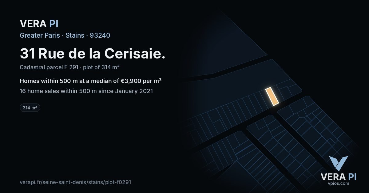 31 Rue de la Cerisaie, Stains at night – the plot lit, the parcels around coloured by the prices near them