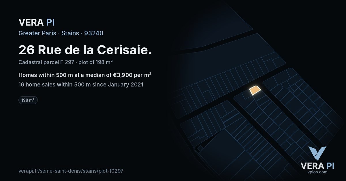 26 Rue de la Cerisaie, Stains at night – the plot lit, the parcels around coloured by the prices near them