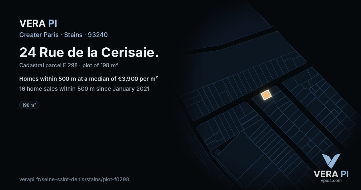 24 Rue de la Cerisaie, Stains at night – the plot lit, the parcels around coloured by the prices near them