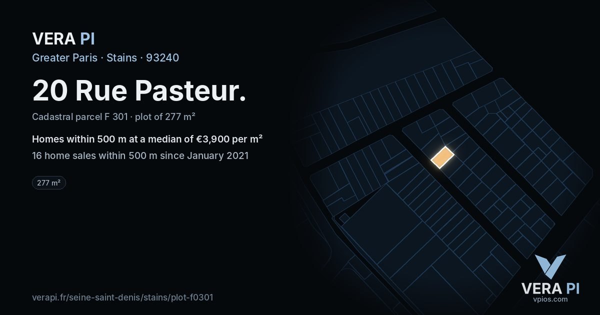 20 Rue Pasteur, Stains at night – the plot lit, the parcels around coloured by the prices near them