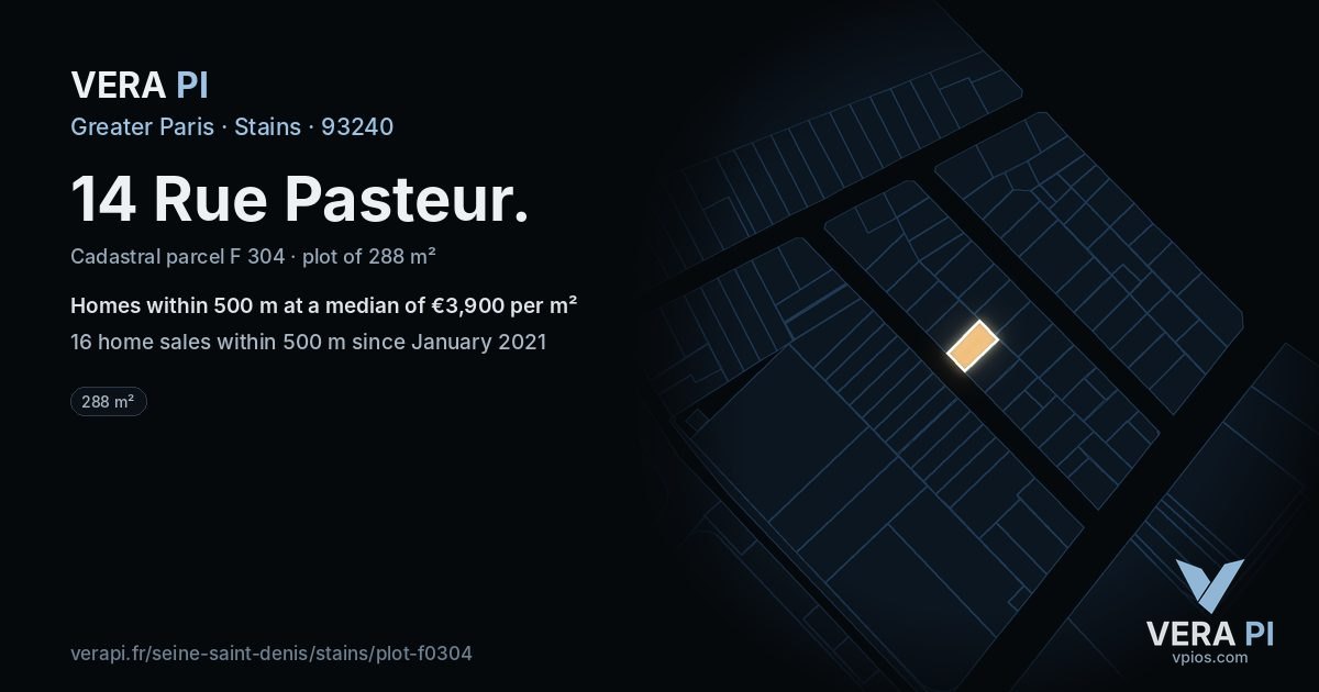 14 Rue Pasteur, Stains at night – the plot lit, the parcels around coloured by the prices near them