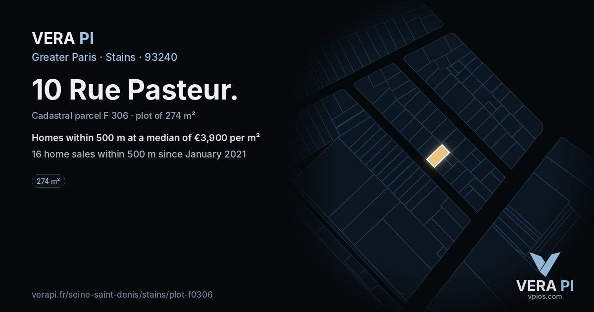10 Rue Pasteur, Stains at night – the plot lit, the parcels around coloured by the prices near them