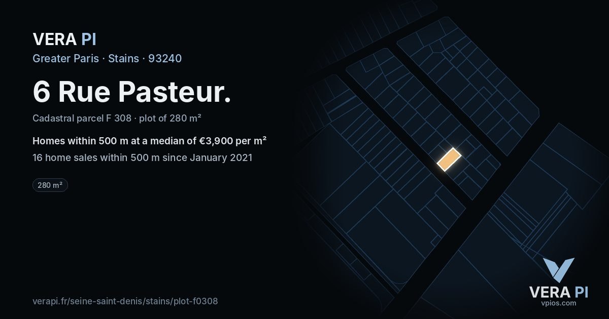 6 Rue Pasteur, Stains at night – the plot lit, the parcels around coloured by the prices near them