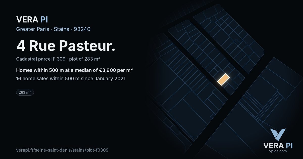 4 Rue Pasteur, Stains at night – the plot lit, the parcels around coloured by the prices near them