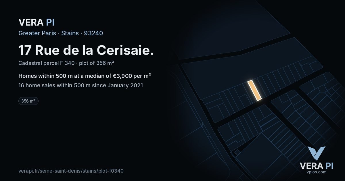 17 Rue de la Cerisaie, Stains at night – the plot lit, the parcels around coloured by the prices near them