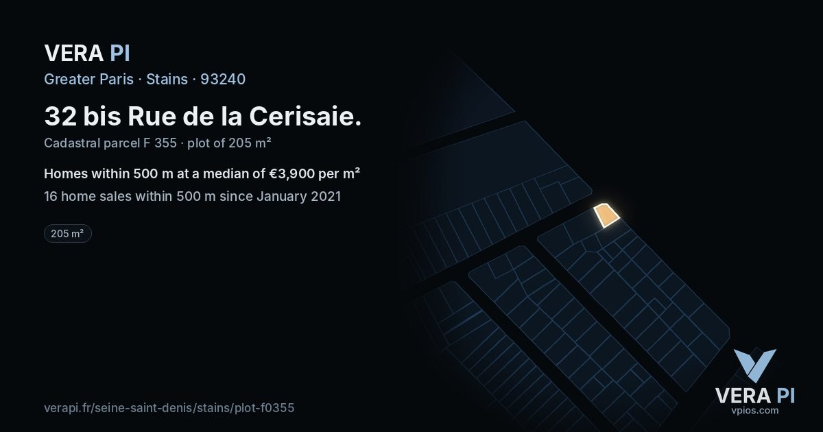 32 bis Rue de la Cerisaie, Stains at night – the plot lit, the parcels around coloured by the prices near them