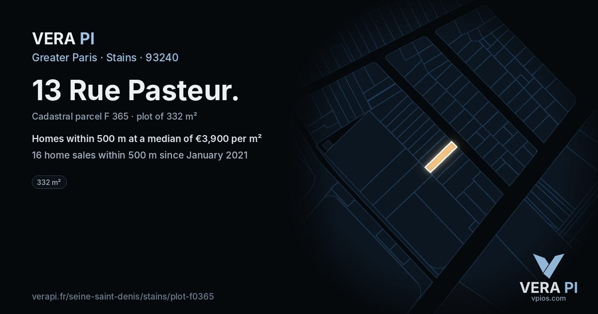 13 Rue Pasteur, Stains at night – the plot lit, the parcels around coloured by the prices near them