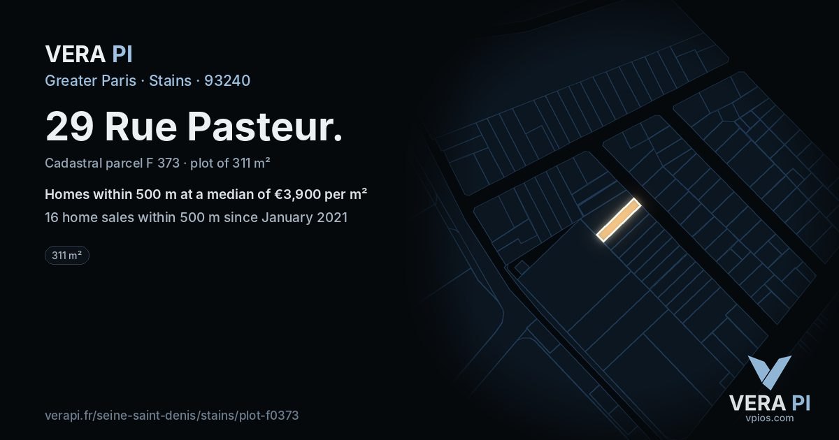 29 Rue Pasteur, Stains at night – the plot lit, the parcels around coloured by the prices near them