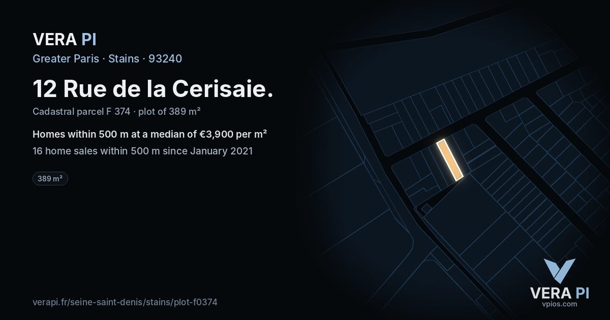 12 Rue de la Cerisaie, Stains at night – the plot lit, the parcels around coloured by the prices near them