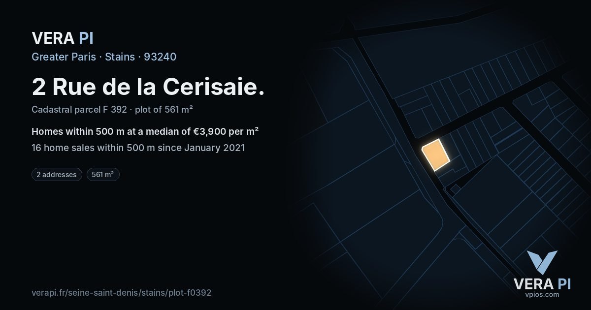 2 Rue de la Cerisaie, Stains at night – the plot lit, the parcels around coloured by the prices near them