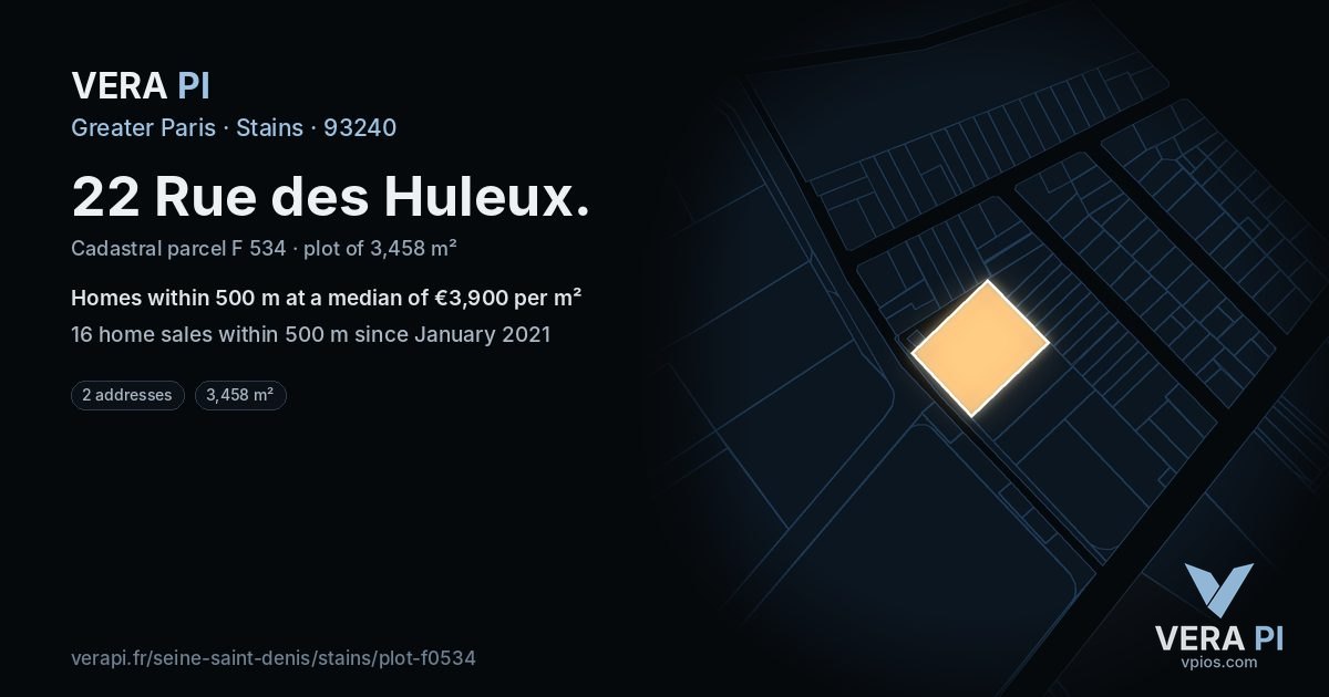 22 Rue des Huleux, Stains at night – the plot lit, the parcels around coloured by the prices near them