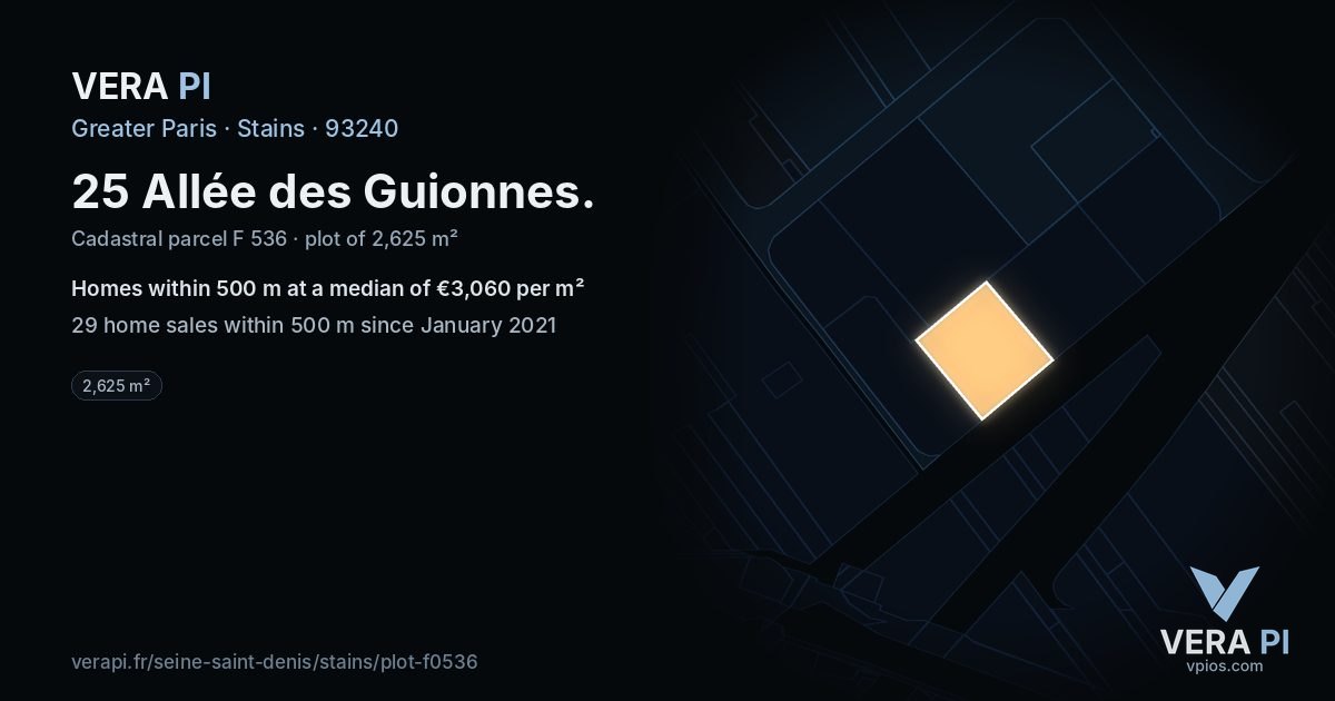 25 Allée des Guionnes, Stains at night – the plot lit, the parcels around coloured by the prices near them