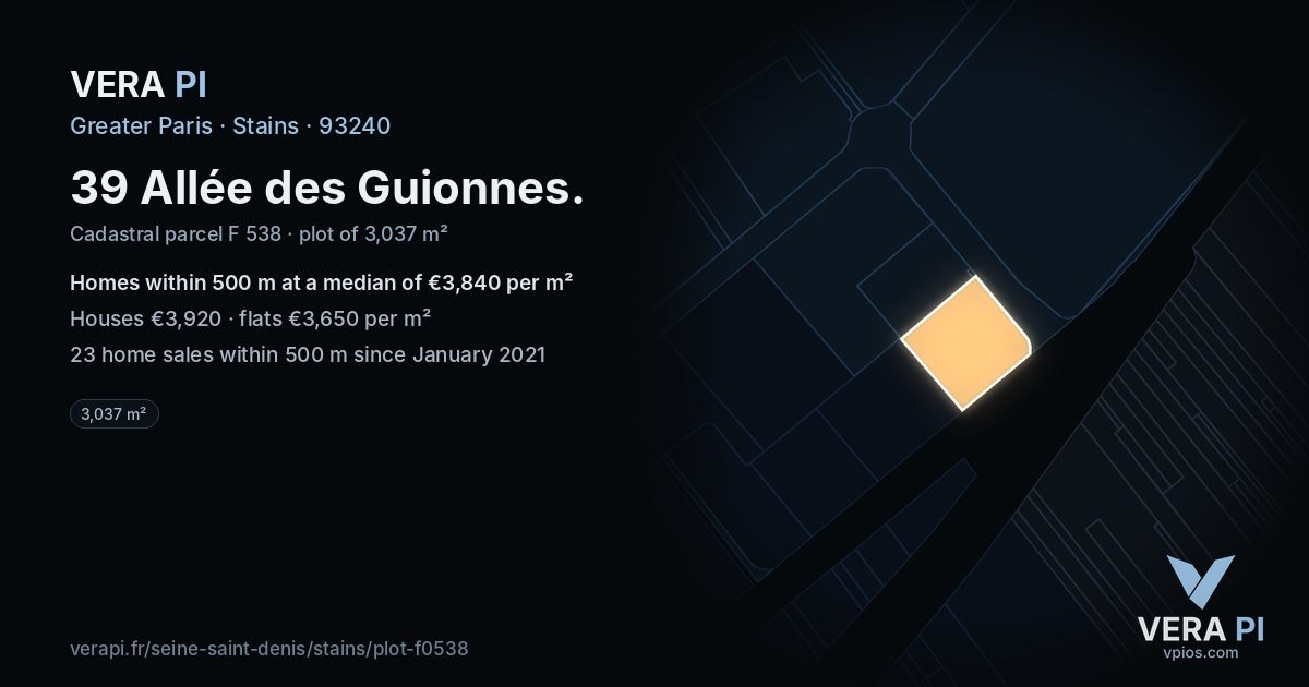 39 Allée des Guionnes, Stains at night – the plot lit, the parcels around coloured by the prices near them