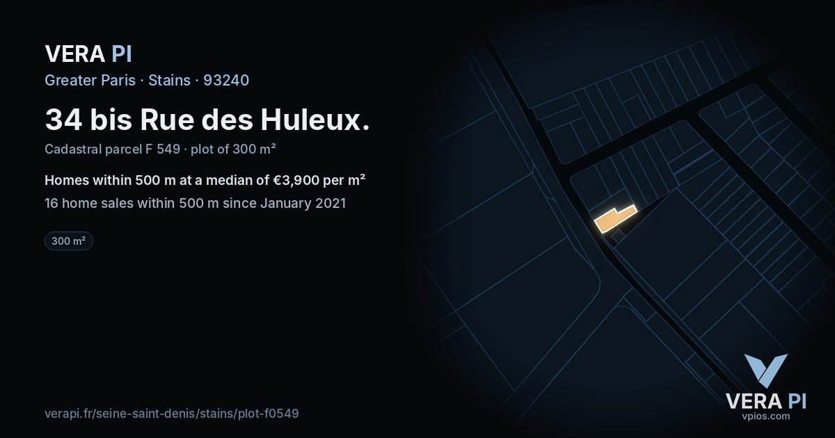 34 bis Rue des Huleux, Stains at night – the plot lit, the parcels around coloured by the prices near them