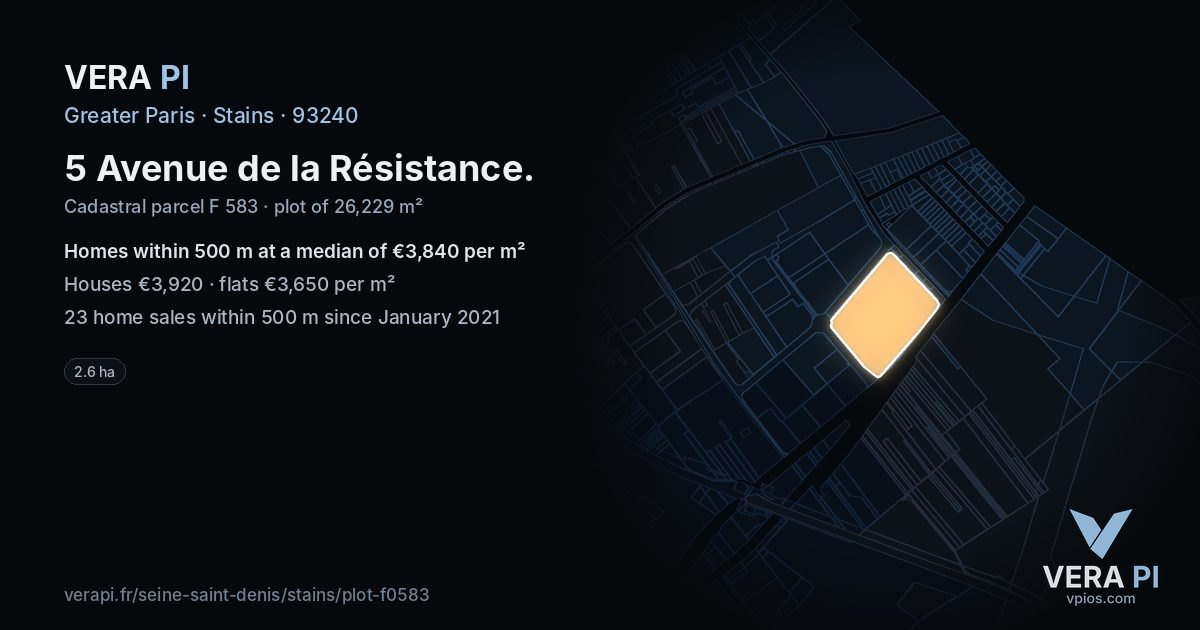 5 Avenue de la Résistance, Stains at night – the plot lit, the parcels around coloured by the prices near them