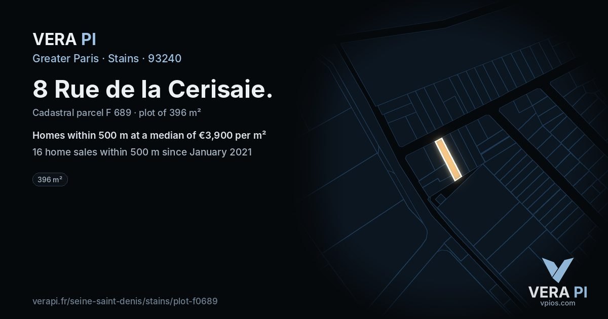 8 Rue de la Cerisaie, Stains at night – the plot lit, the parcels around coloured by the prices near them
