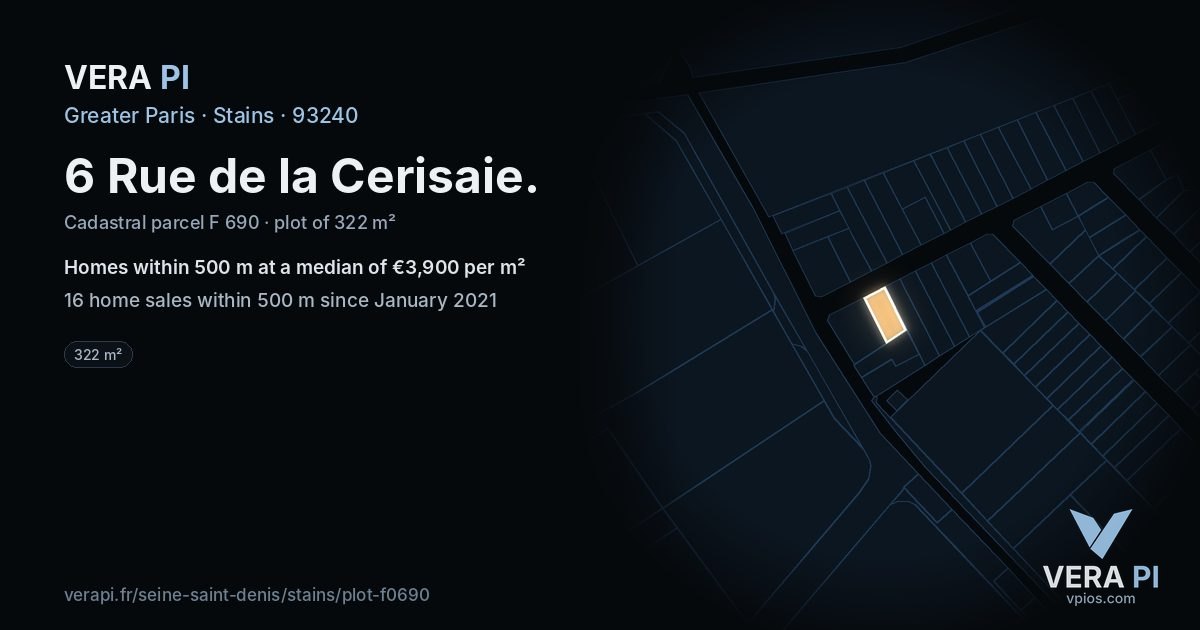 6 Rue de la Cerisaie, Stains at night – the plot lit, the parcels around coloured by the prices near them