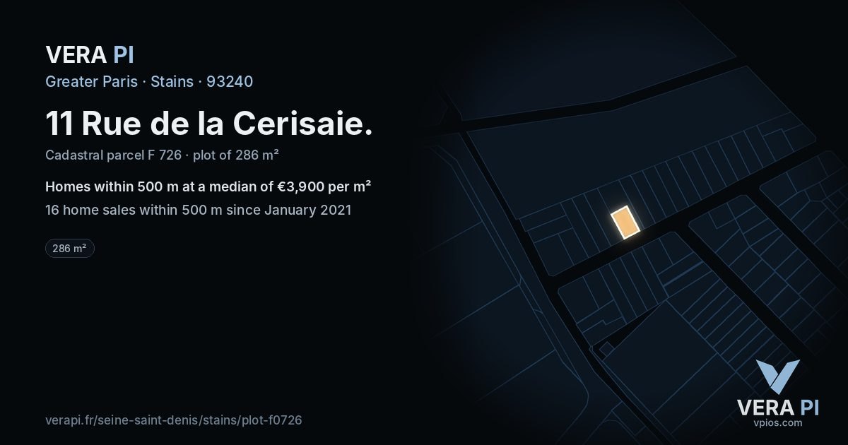 11 Rue de la Cerisaie, Stains at night – the plot lit, the parcels around coloured by the prices near them