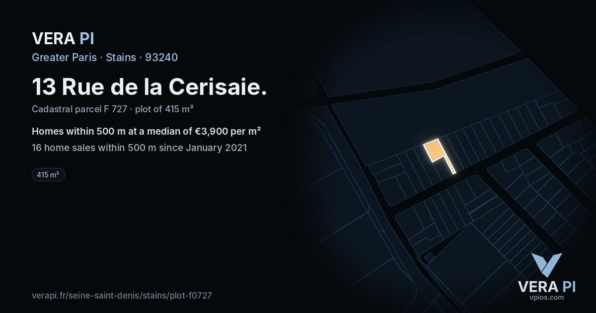 13 Rue de la Cerisaie, Stains at night – the plot lit, the parcels around coloured by the prices near them
