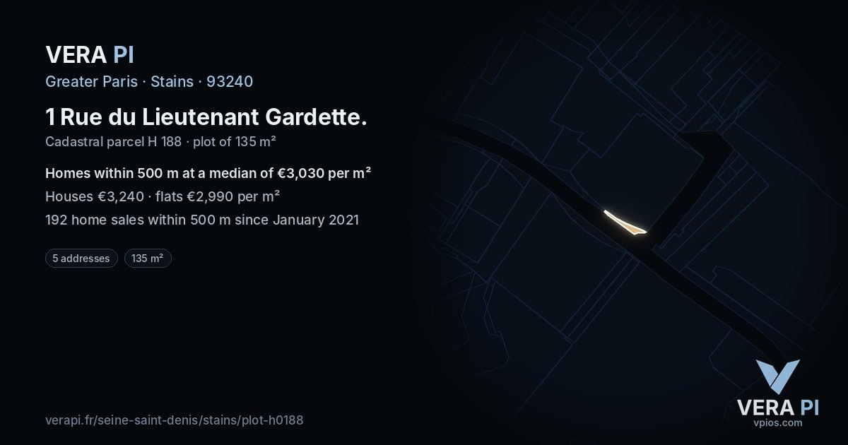 1 Rue du Lieutenant Gardette, Stains at night – the plot lit, the parcels around coloured by the prices near them